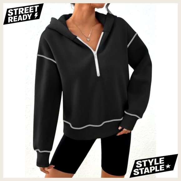 Half Zip Pullover Cropped Hoodie Y2K Fleece Lined Sweatshirt Casual Wear - Picture 2 of 6